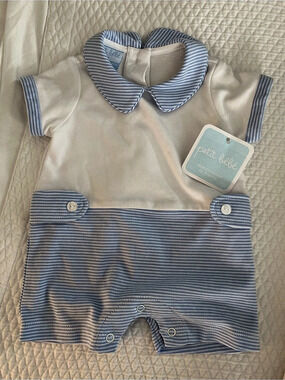 Petit Bebe Blue Knit Stripe Boys Romper Blue & White 3M - NWT